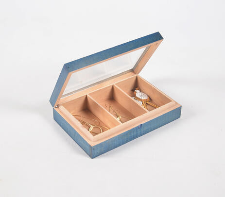 Hand Cut Steam Beech Wood Blue Jewelry Box - 3 Compartments