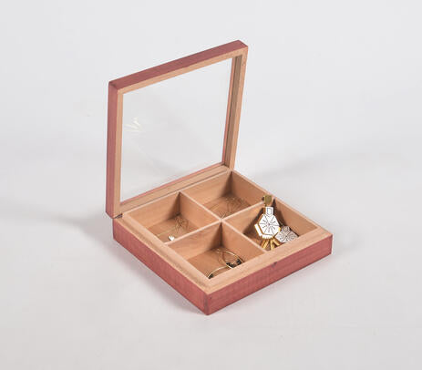 Hand Cut Steam Beech Wood Red Jewelry Box - 4 Compartments